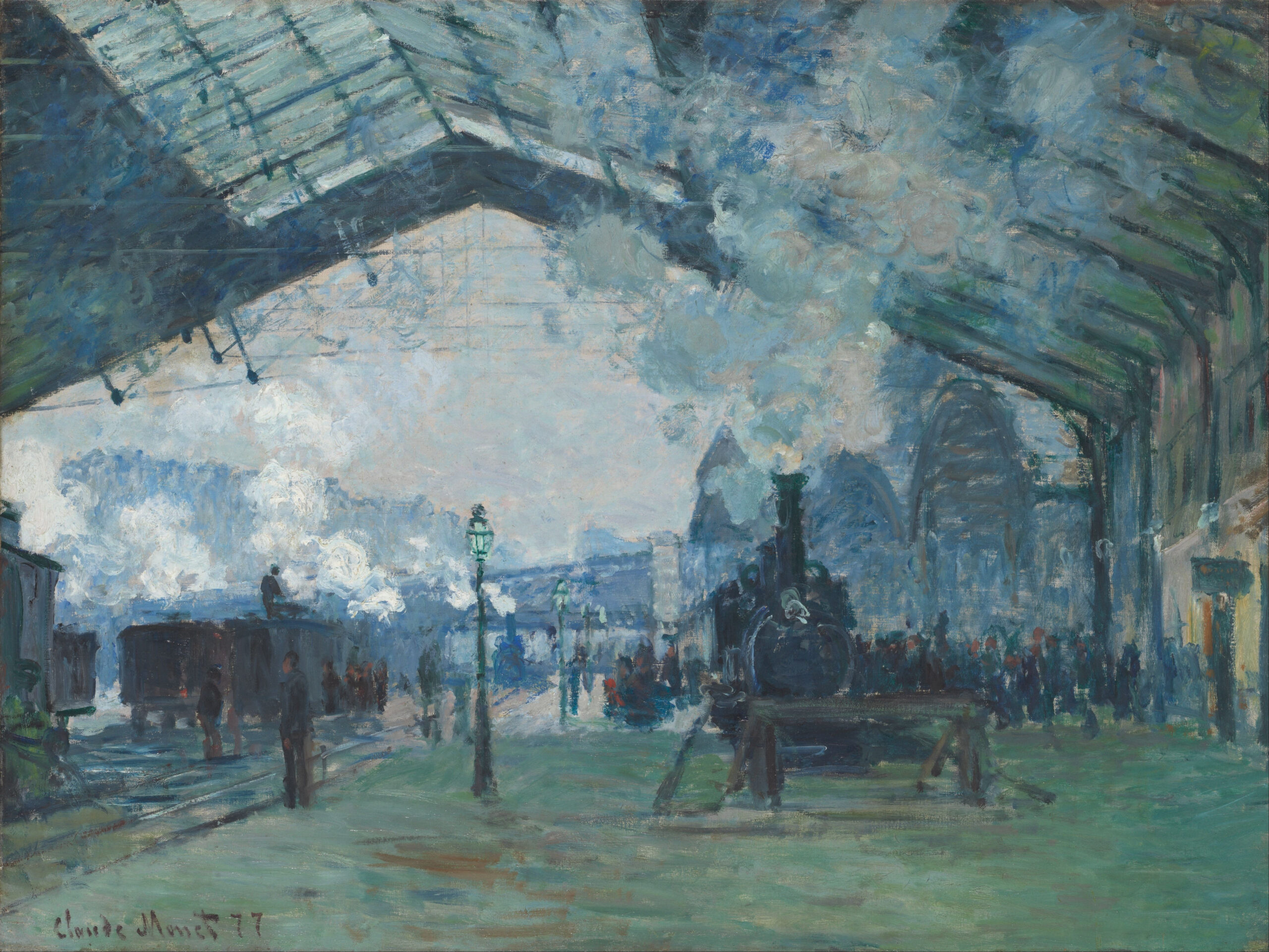 A painting by Claude Monet depicting the arrival of a train in Normandy station in France, with dark shades of blue, green, and dark navy blue.