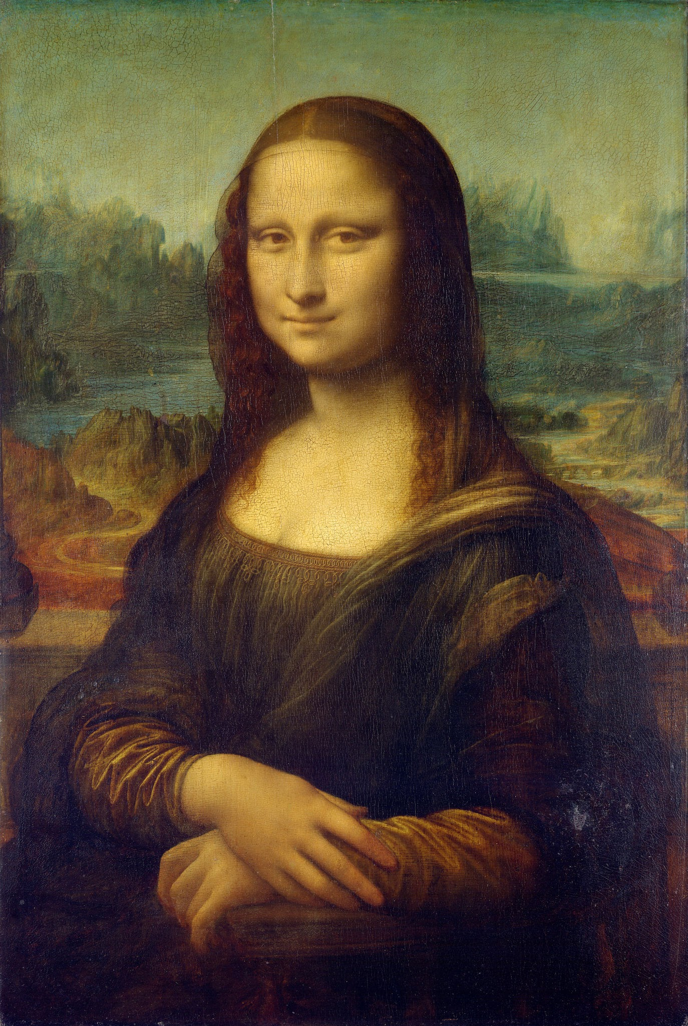 A picture of the famous Mona Lisa by Leonardo da Vinci: One of the most famous paintings in the world. It depicts Mona Lisa against a fantastical valley with icy mountains of green, yellow, and blue shades.